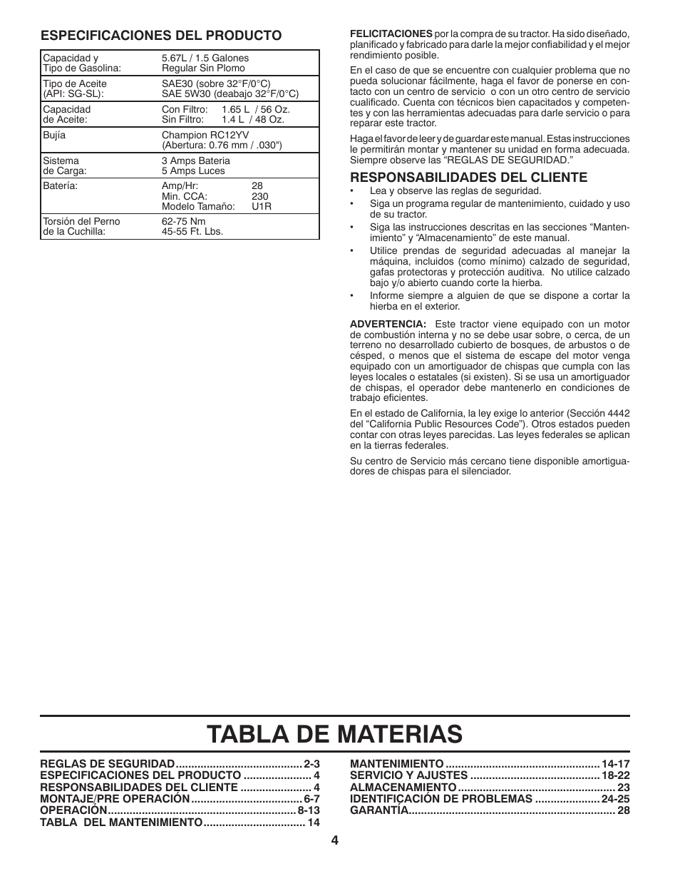 Tabla de materias, Responsabilidades del cliente, Especificaciones del producto | Poulan Pro PB155G42 LAWN TRACTOR User Manual | Page 32 / 56