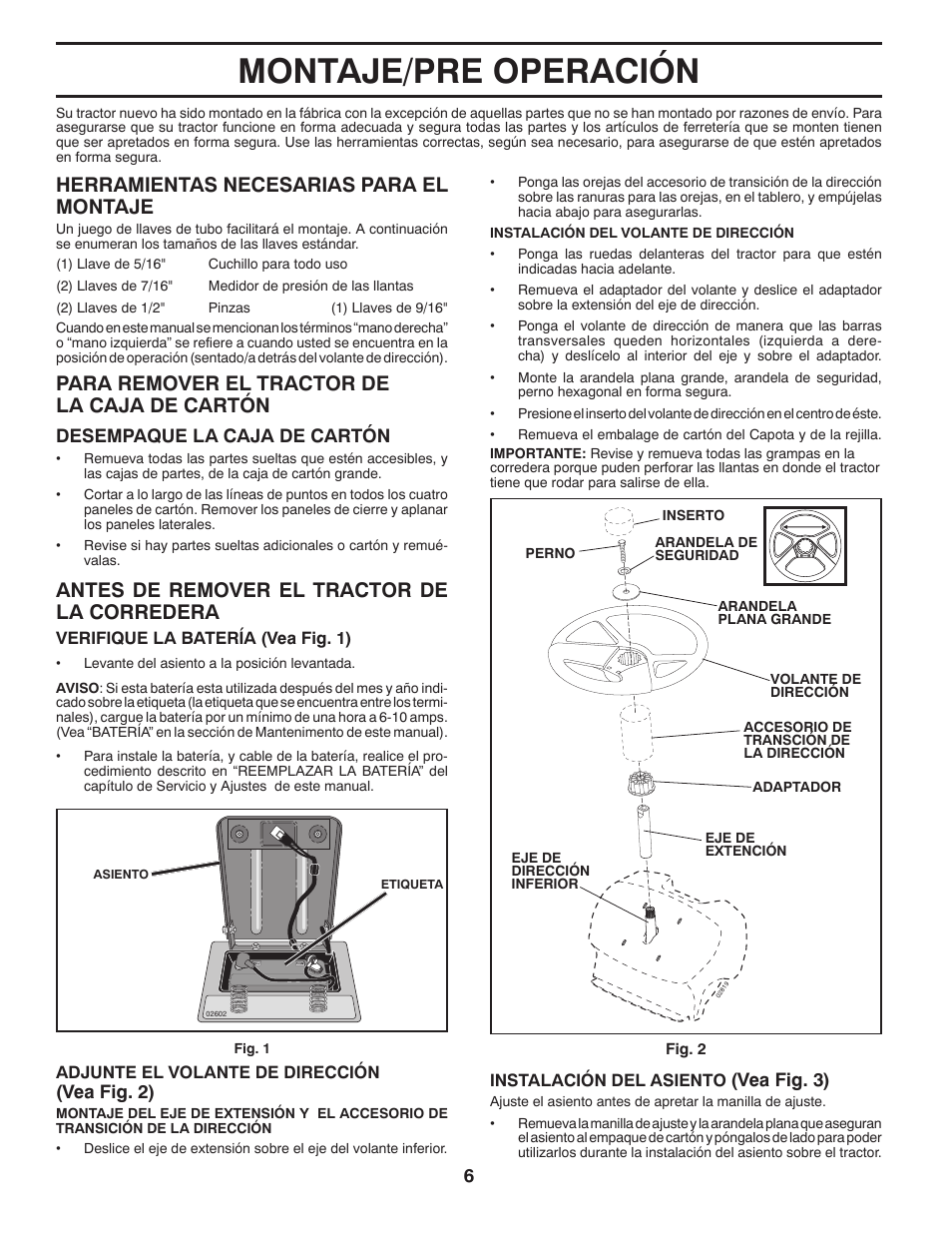 Montaje/pre operación, Herramientas necesarias para el montaje, Para remover el tractor de la caja de cartón | Antes de remover el tractor de la corredera | Poulan Pro PB155G42 LAWN TRACTOR User Manual | Page 34 / 56