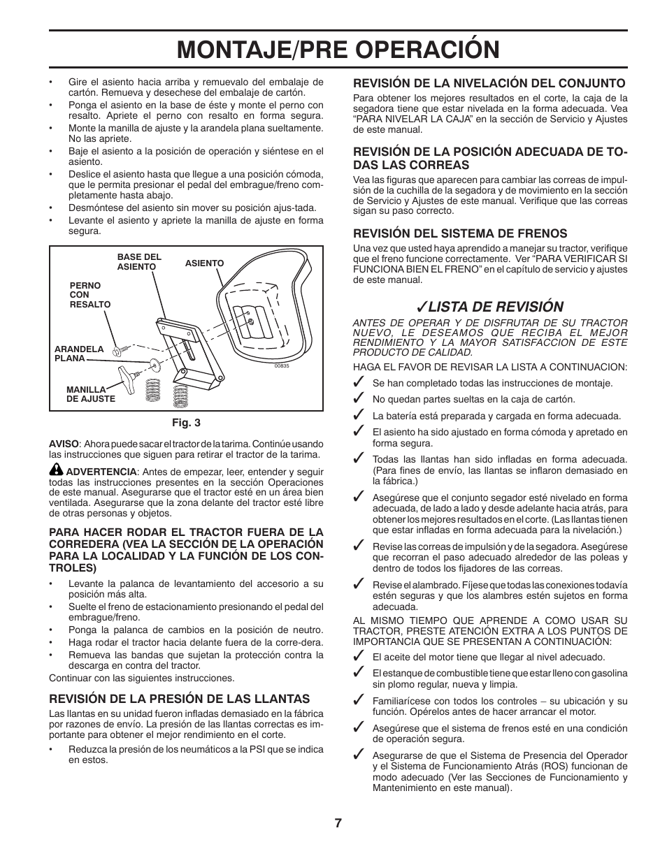 Montaje/pre operación, Lista de revisión | Poulan Pro PB155G42 LAWN TRACTOR User Manual | Page 35 / 56