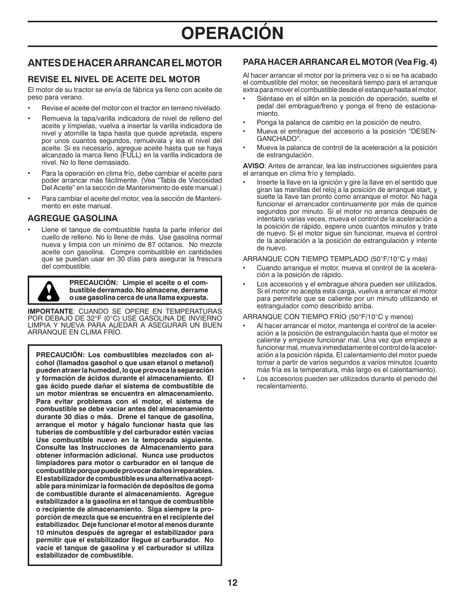 Operación, Antes de hacer arrancar el mo tor | Poulan Pro PB155G42 LAWN TRACTOR User Manual | Page 40 / 56