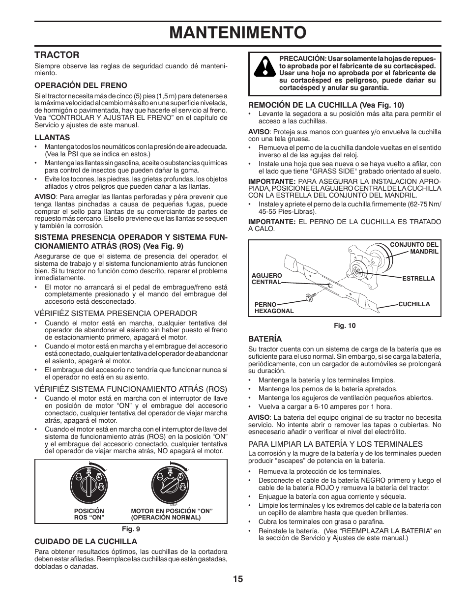 Mantenimento, Tractor | Poulan Pro PB155G42 LAWN TRACTOR User Manual | Page 43 / 56