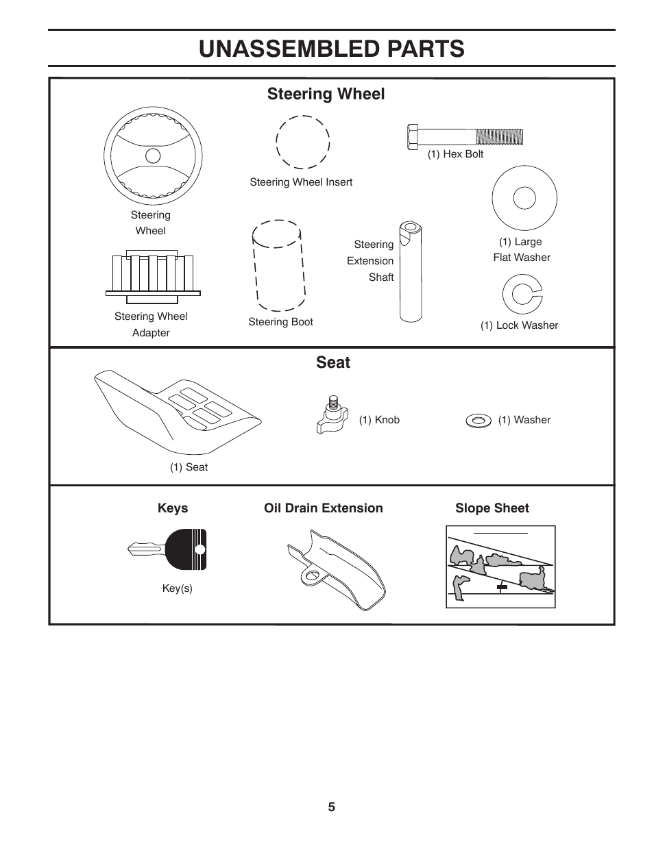 Unassembled parts, Steering wheel, Seat | Poulan Pro PB155G42 LAWN TRACTOR User Manual | Page 5 / 56
