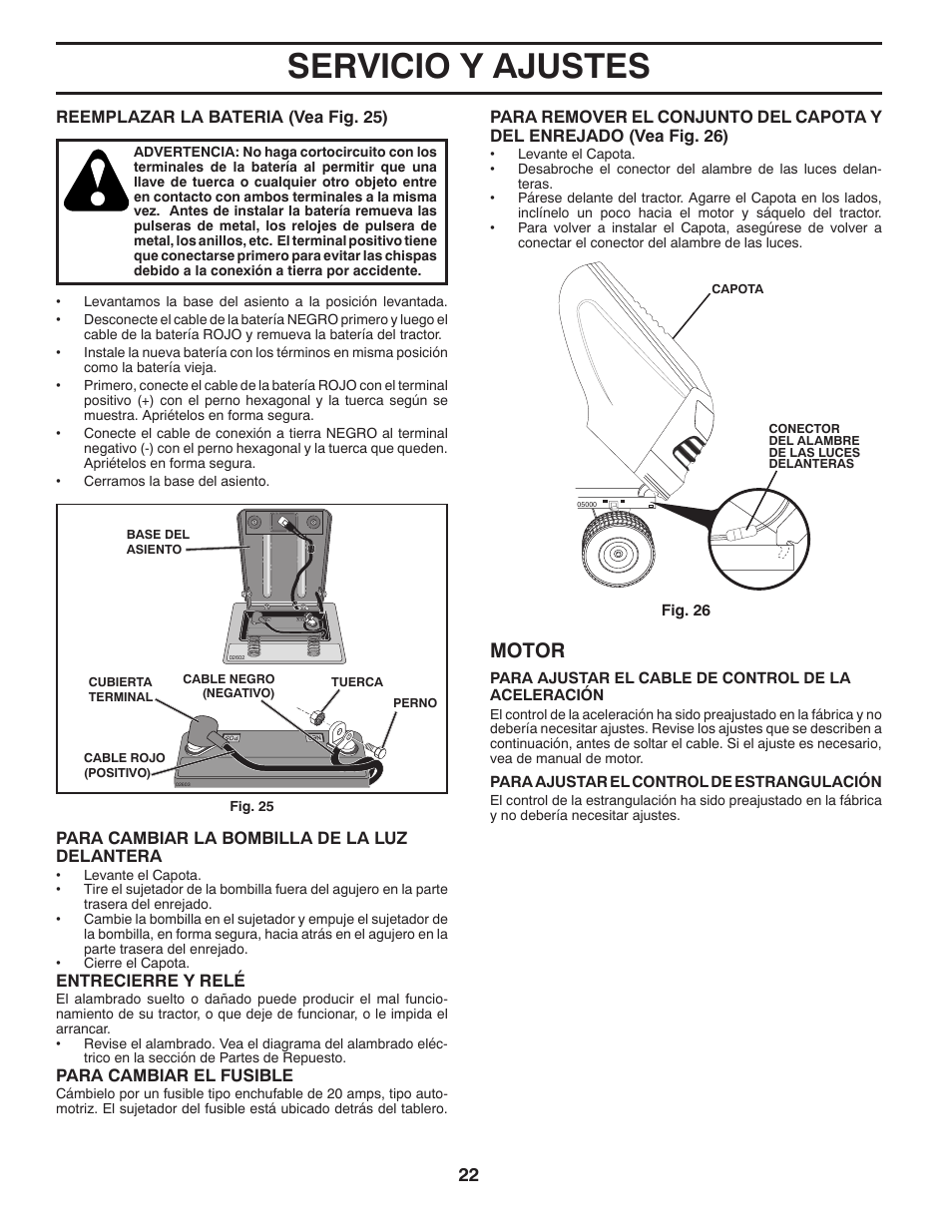 Servicio y ajustes, Motor | Poulan Pro PB155G42 LAWN TRACTOR User Manual | Page 50 / 56