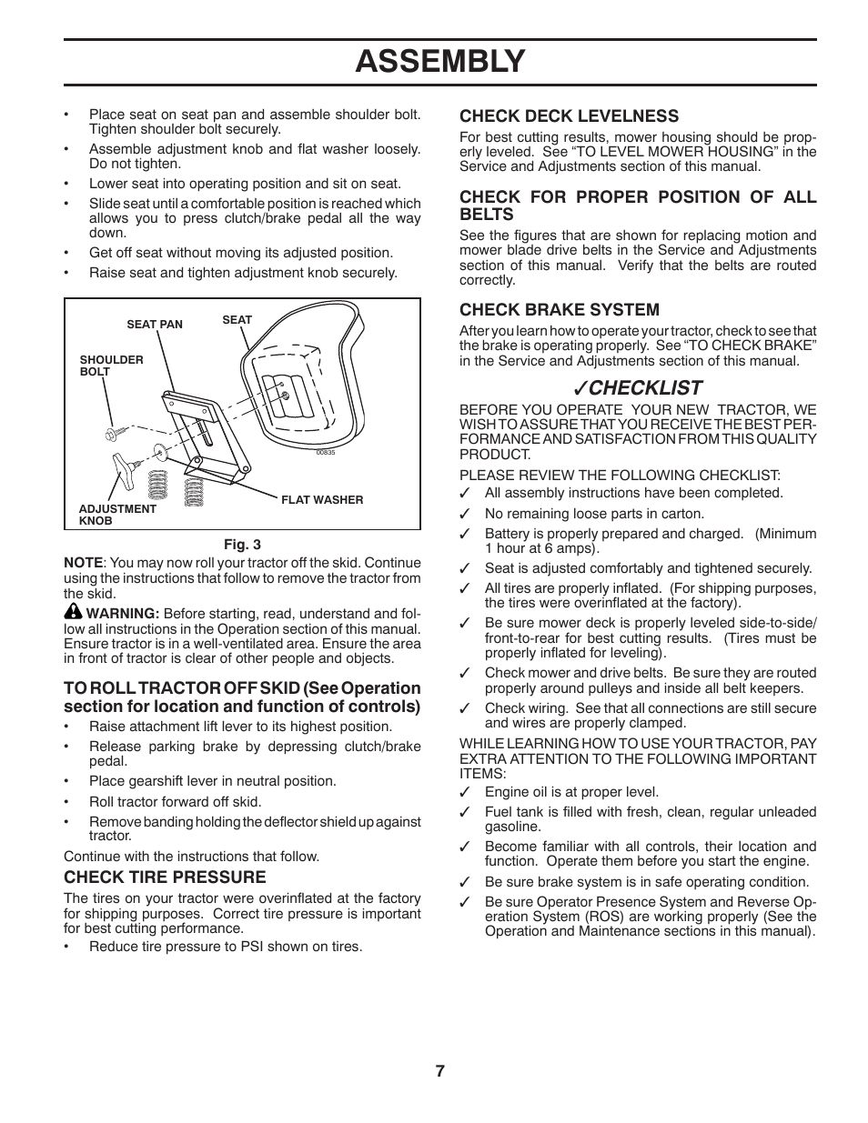 Assembly, Checklist | Poulan Pro PB155G42 LAWN TRACTOR User Manual | Page 7 / 56