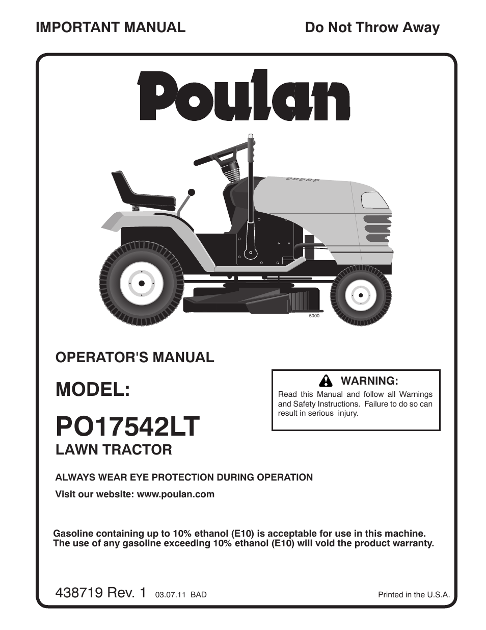 Poulan Pro PO17542LT LAWN TRACTOR User Manual | 28 pages