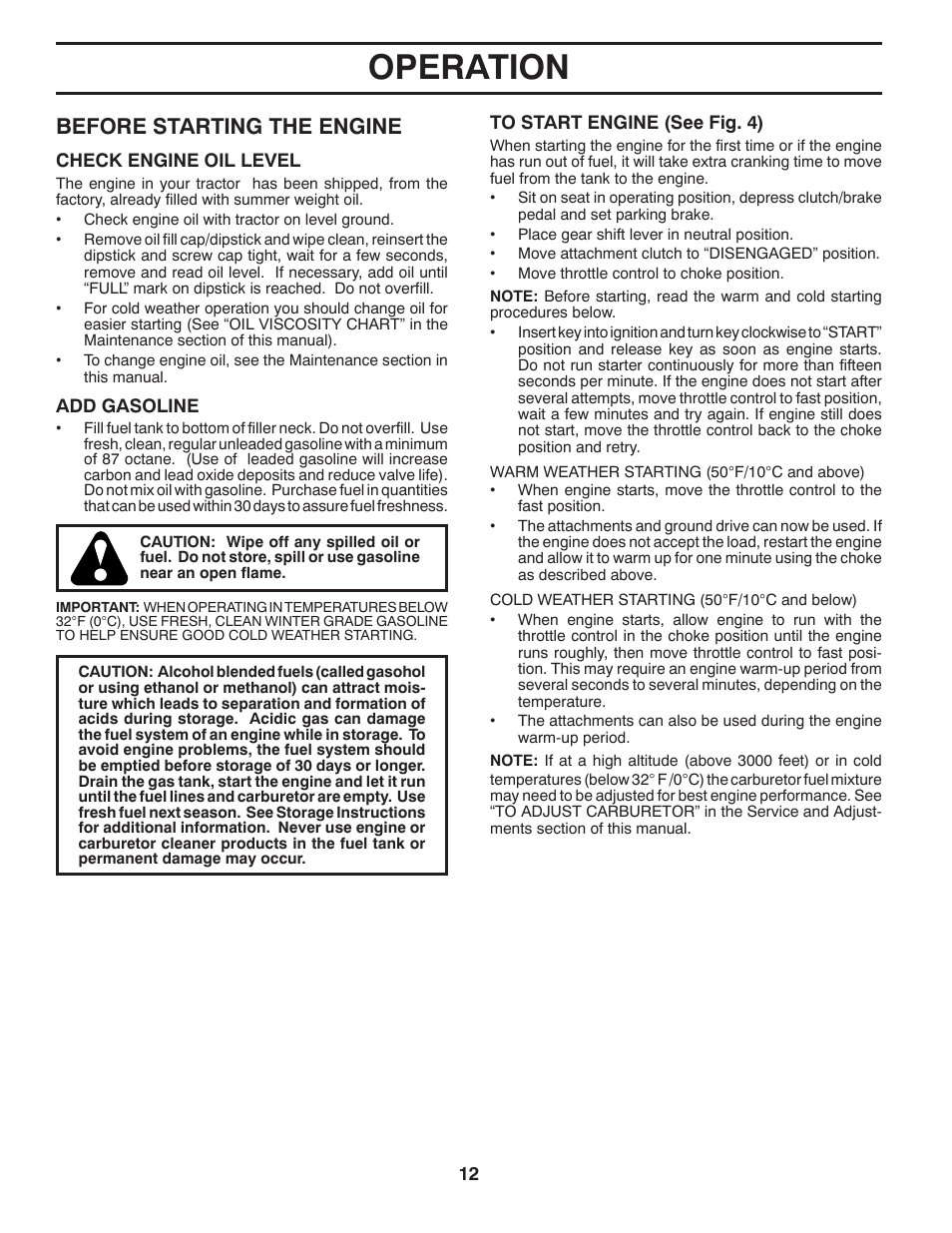 Operation, Before starting the engine | Poulan Pro PO17542LT LAWN TRACTOR User Manual | Page 12 / 28