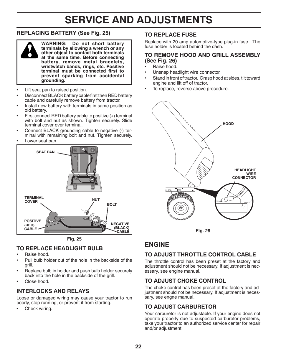 Service and adjustments, Engine | Poulan Pro PO17542LT LAWN TRACTOR User Manual | Page 22 / 28