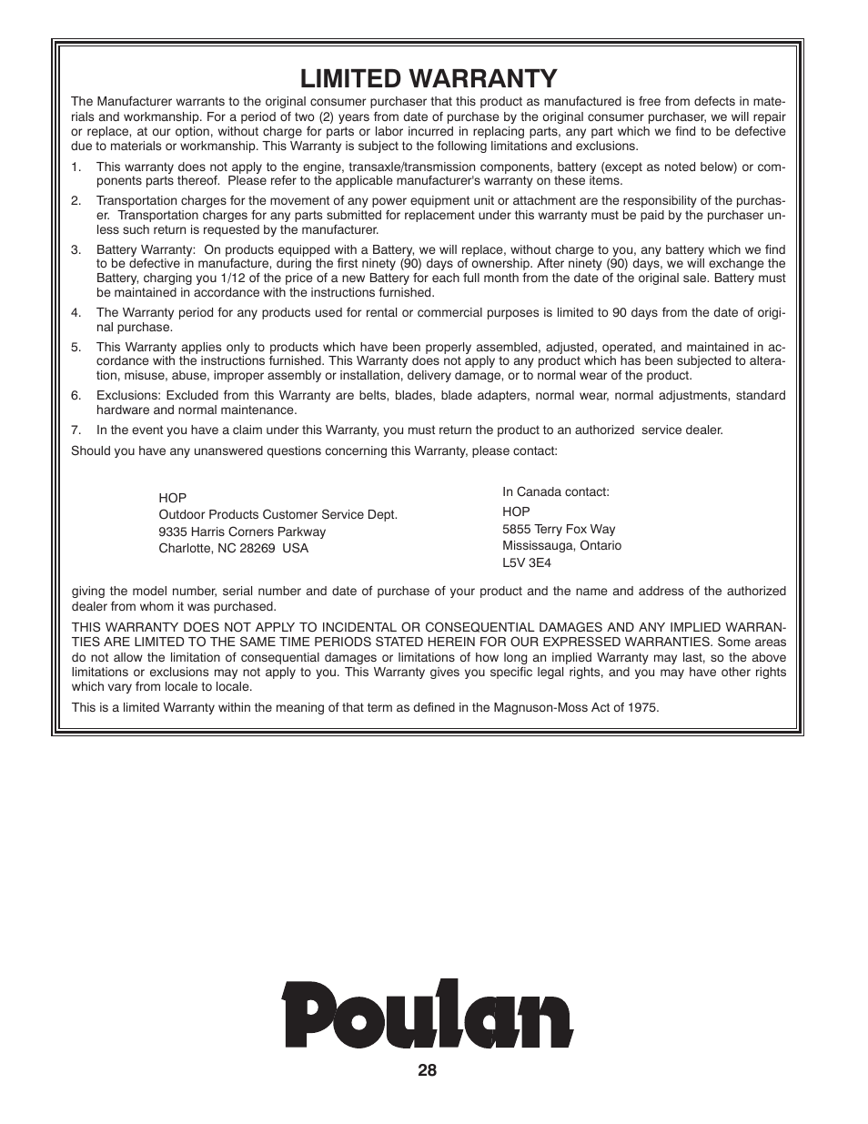 Limited warranty | Poulan Pro PO17542LT LAWN TRACTOR User Manual | Page 28 / 28