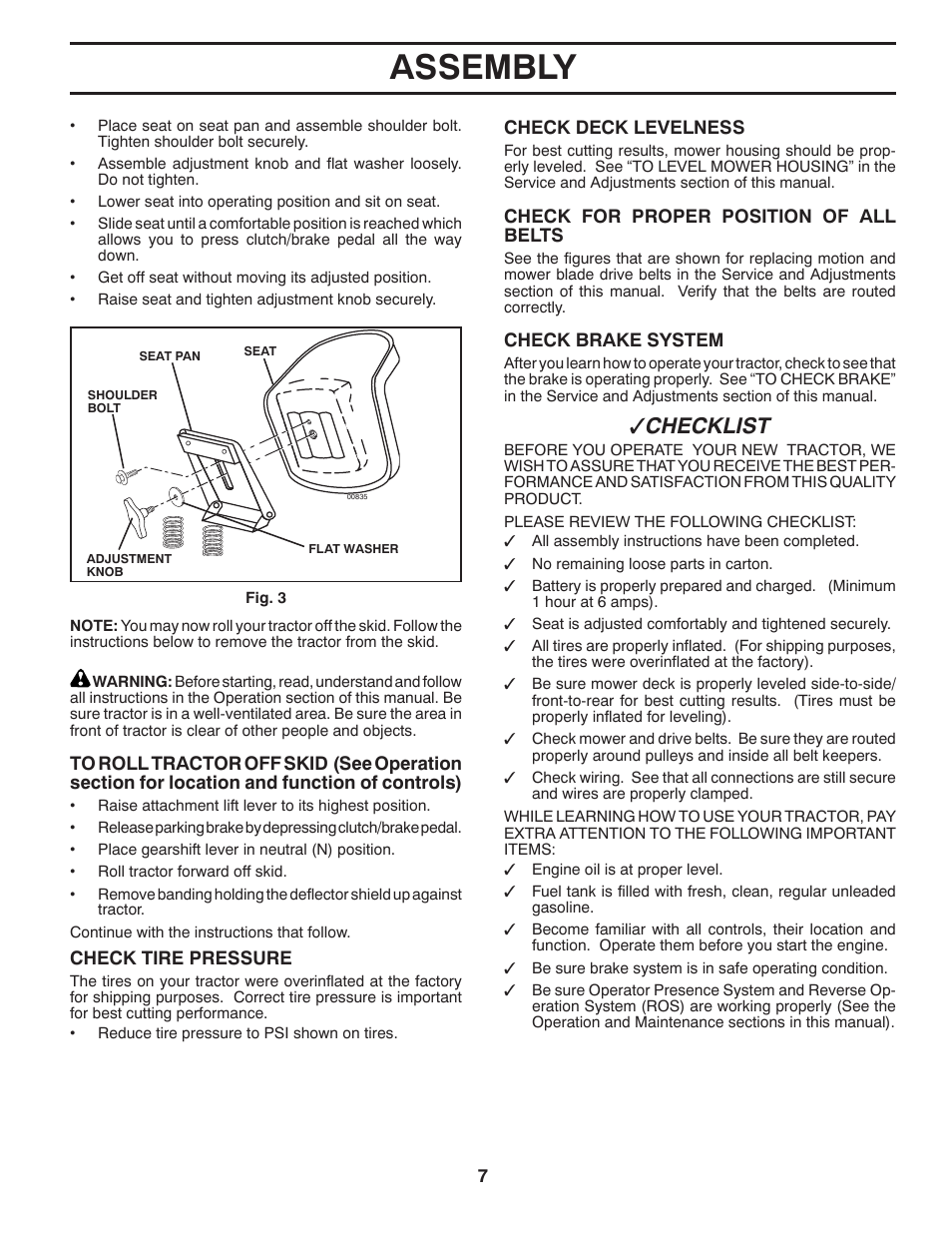 Assembly, Checklist | Poulan Pro PO17542LT LAWN TRACTOR User Manual | Page 7 / 28