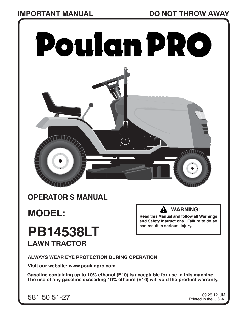 Poulan Pro PB14538LT LAWN TRACTOR User Manual | 28 pages