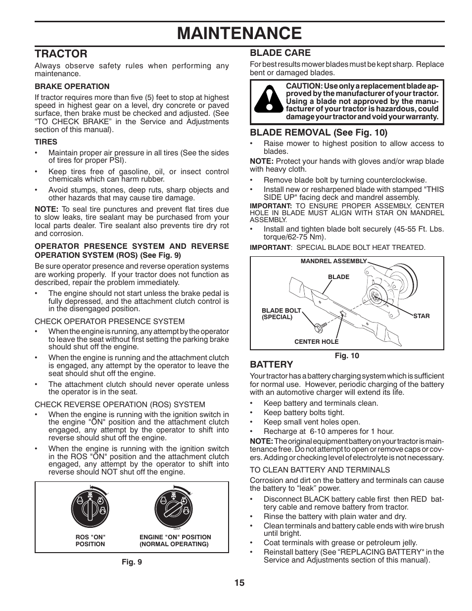 Maintenance, Tractor | Poulan Pro PB14538LT LAWN TRACTOR User Manual | Page 15 / 28