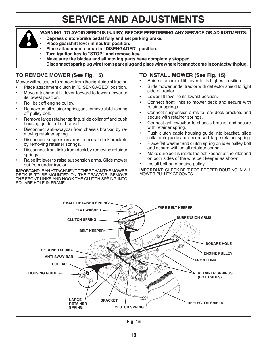 Service and adjustments | Poulan Pro PB14538LT LAWN TRACTOR User Manual | Page 18 / 28