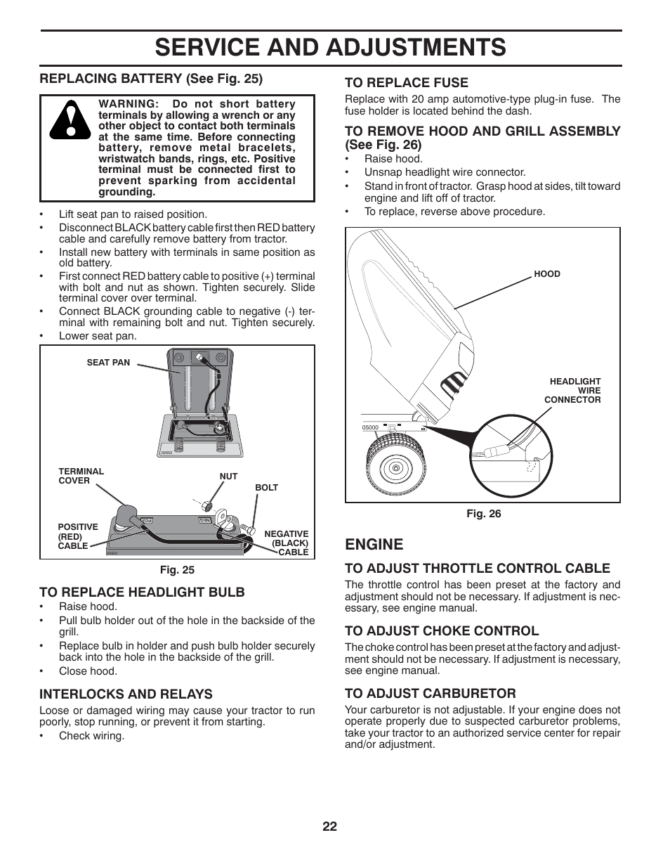 Service and adjustments, Engine | Poulan Pro PB14538LT LAWN TRACTOR User Manual | Page 22 / 28