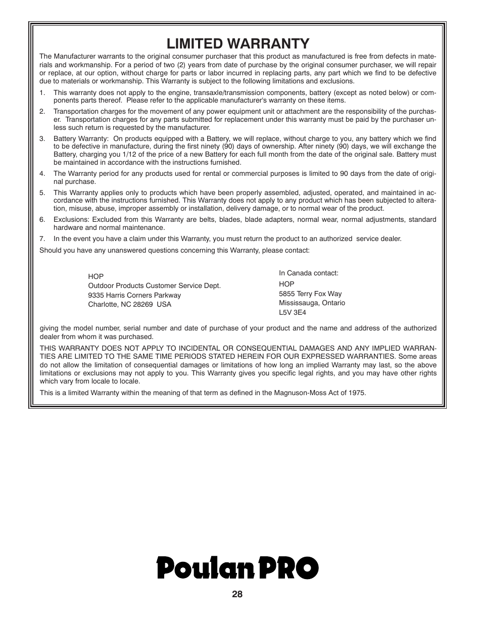 Limited warranty | Poulan Pro PB14538LT LAWN TRACTOR User Manual | Page 28 / 28