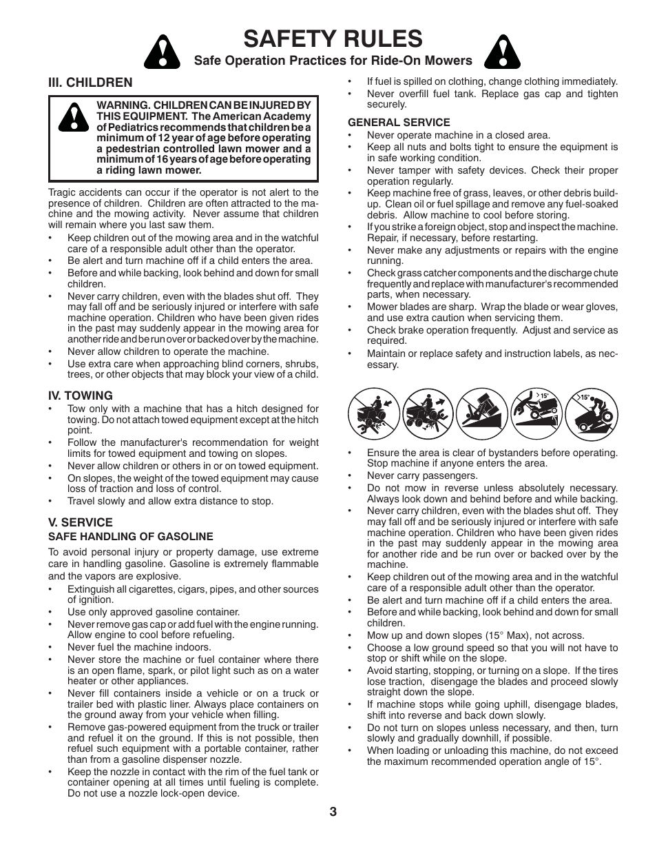 Safety rules, Safe operation practices for ride-on mowers, Iii. children | Poulan Pro PB14538LT LAWN TRACTOR User Manual | Page 3 / 28