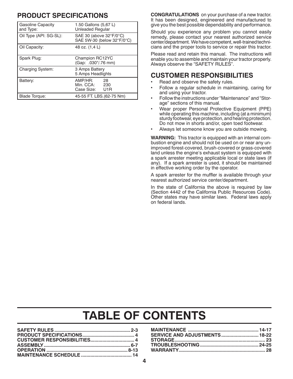 Poulan Pro PB14538LT LAWN TRACTOR User Manual | Page 4 / 28