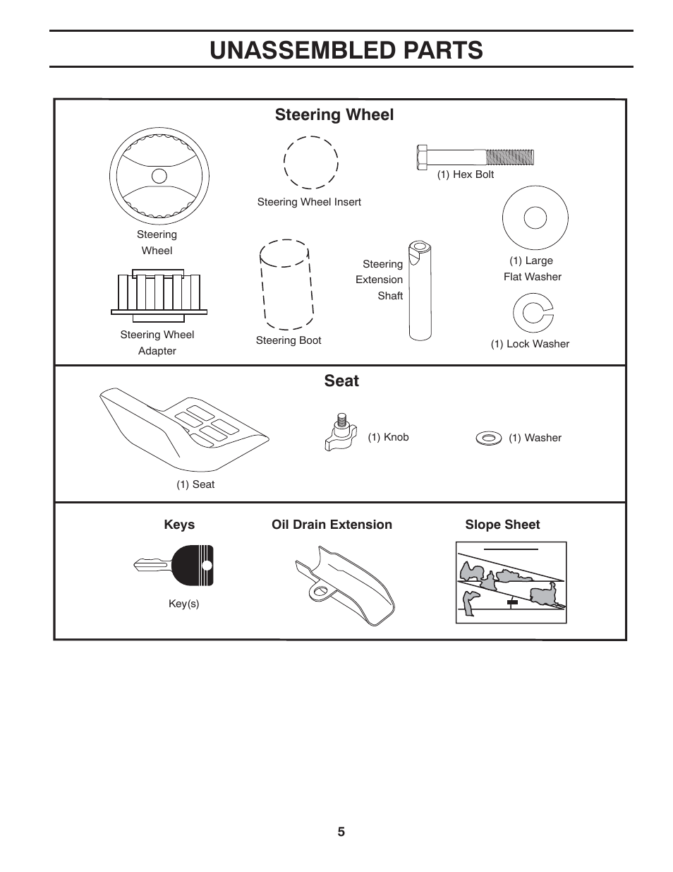 Unassembled parts, Steering wheel, Seat | Poulan Pro PB14538LT LAWN TRACTOR User Manual | Page 5 / 28