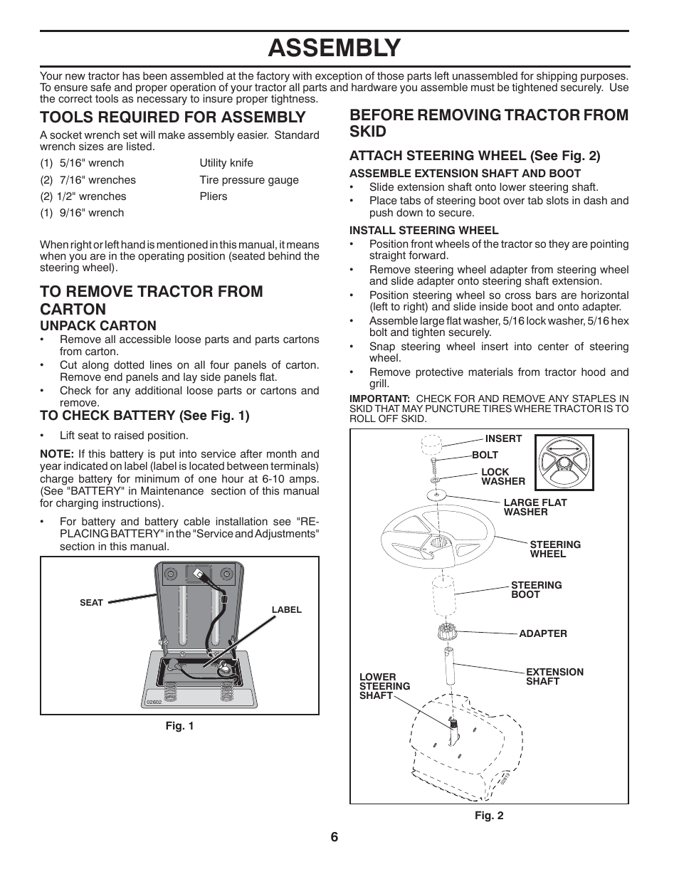 Assembly, Before removing tractor from skid, Tools required for assembly | Poulan Pro PB14538LT LAWN TRACTOR User Manual | Page 6 / 28