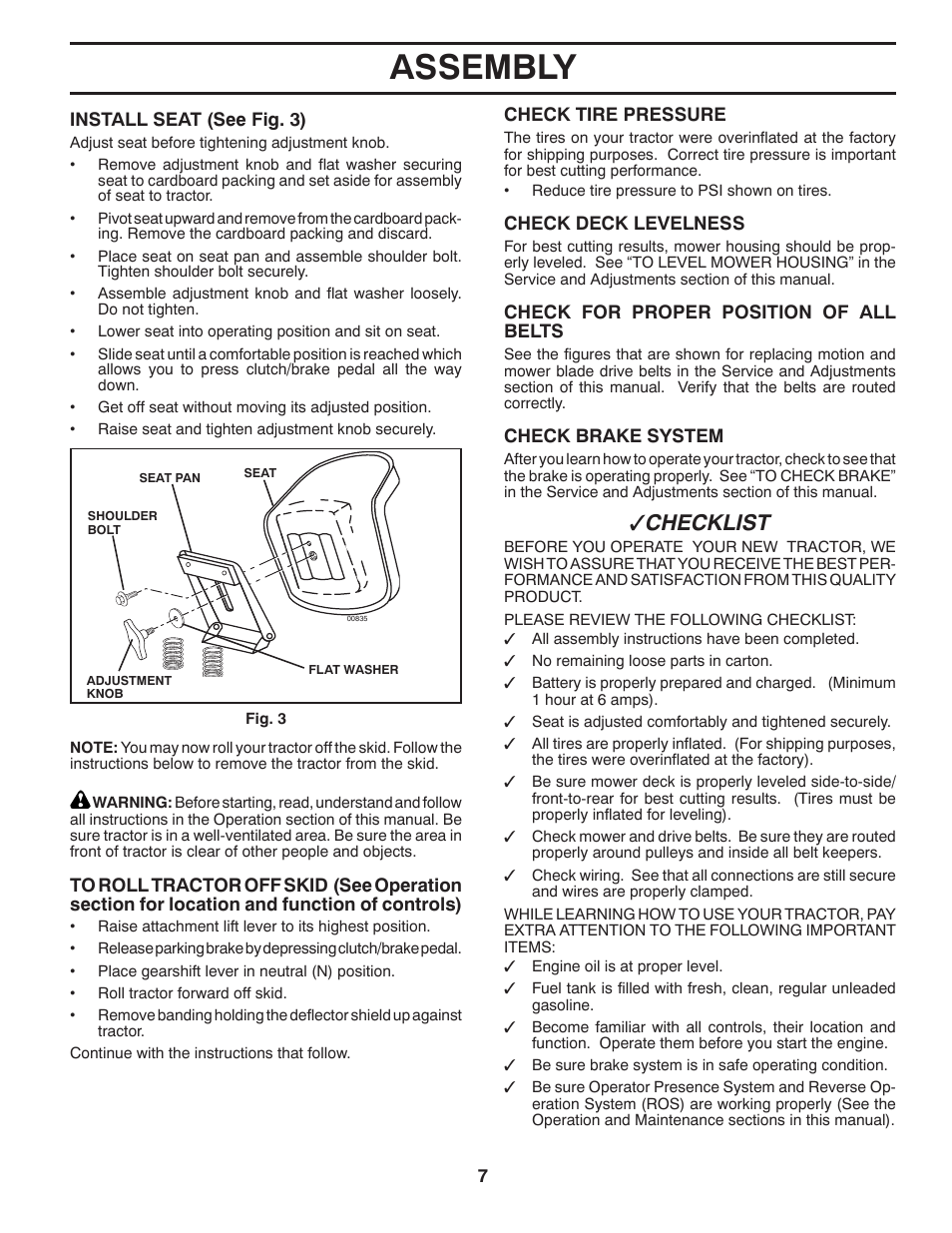 Assembly, Checklist | Poulan Pro PB14538LT LAWN TRACTOR User Manual | Page 7 / 28