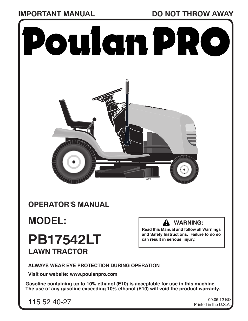 Poulan Pro PB17542LT LAWN TRACTOR User Manual | 28 pages