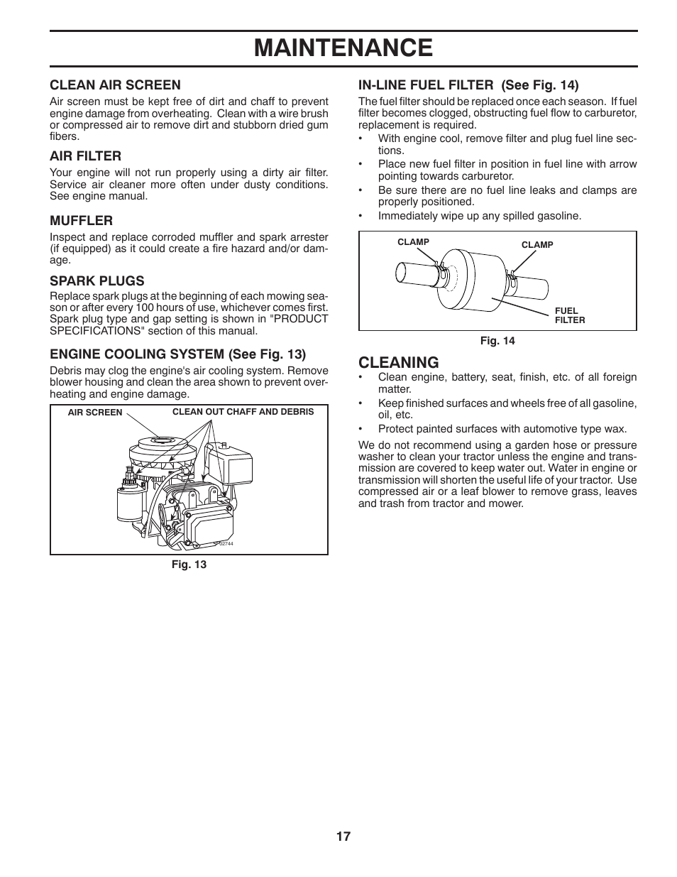 Maintenance, Cleaning | Poulan Pro PB17542LT LAWN TRACTOR User Manual | Page 17 / 28