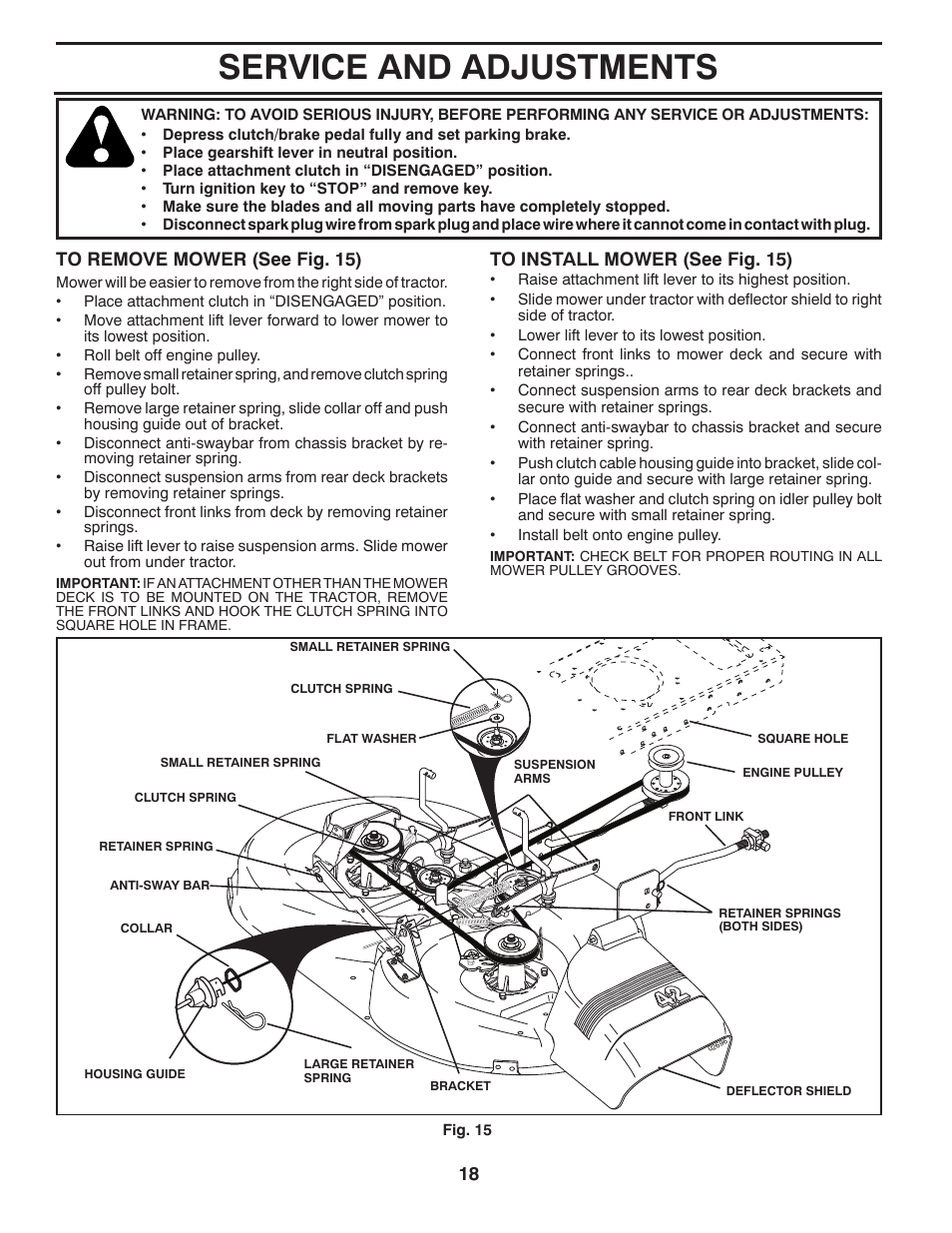 Service and adjustments | Poulan Pro PB17542LT LAWN TRACTOR User Manual | Page 18 / 28