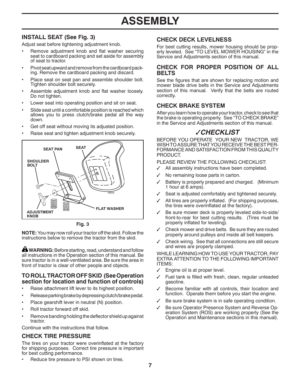 Assembly, Checklist | Poulan Pro PB17542LT LAWN TRACTOR User Manual | Page 7 / 28