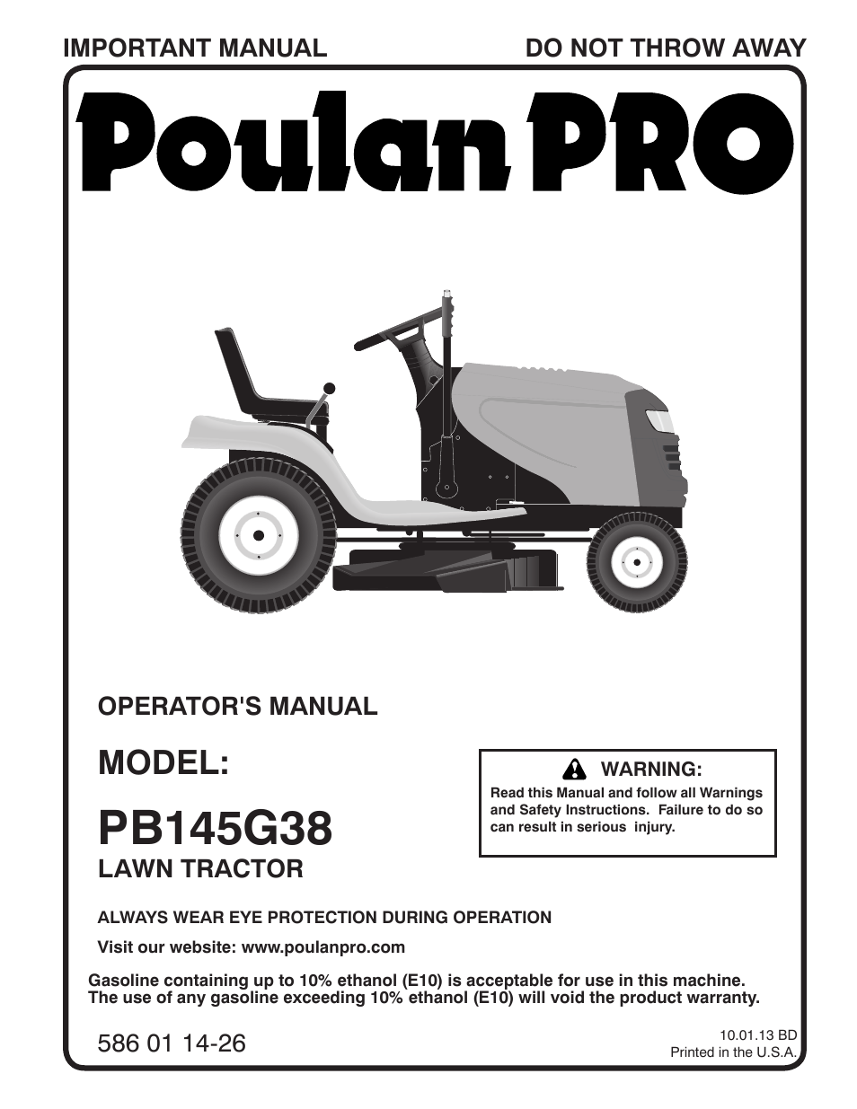 Poulan Pro PB145G38 LAWN TRACTOR User Manual | 56 pages