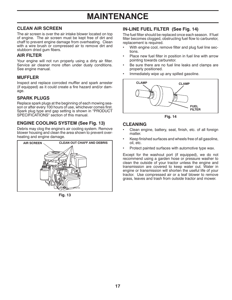 Maintenance | Poulan Pro PB145G38 LAWN TRACTOR User Manual | Page 17 / 56