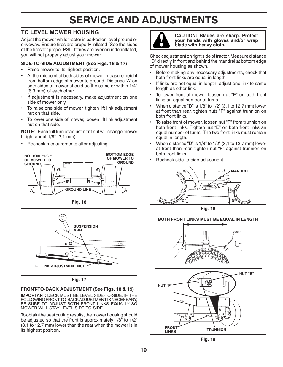 Service and adjustments | Poulan Pro PB145G38 LAWN TRACTOR User Manual | Page 19 / 56