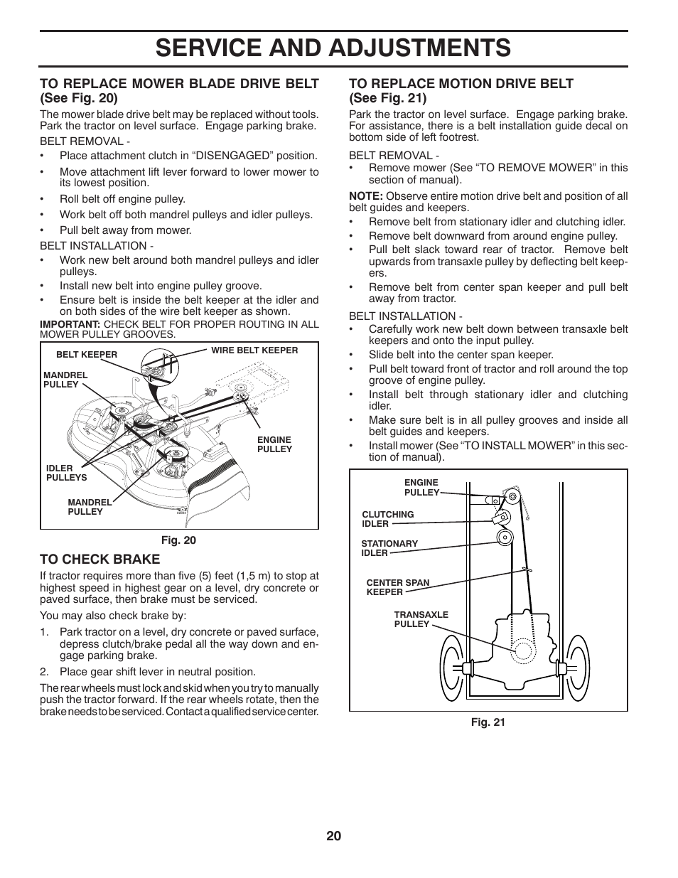 Service and adjustments | Poulan Pro PB145G38 LAWN TRACTOR User Manual | Page 20 / 56