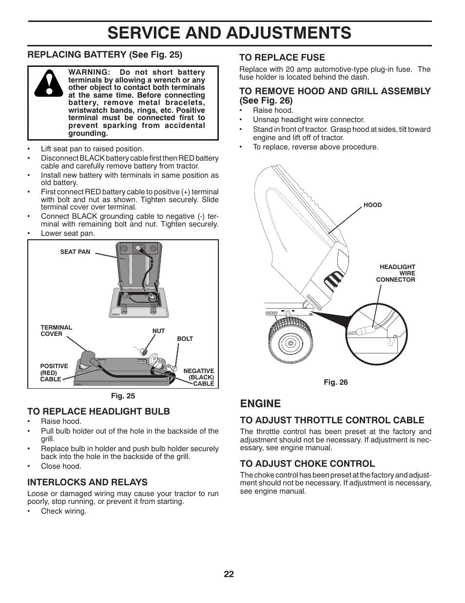 Service and adjustments, Engine | Poulan Pro PB145G38 LAWN TRACTOR User Manual | Page 22 / 56