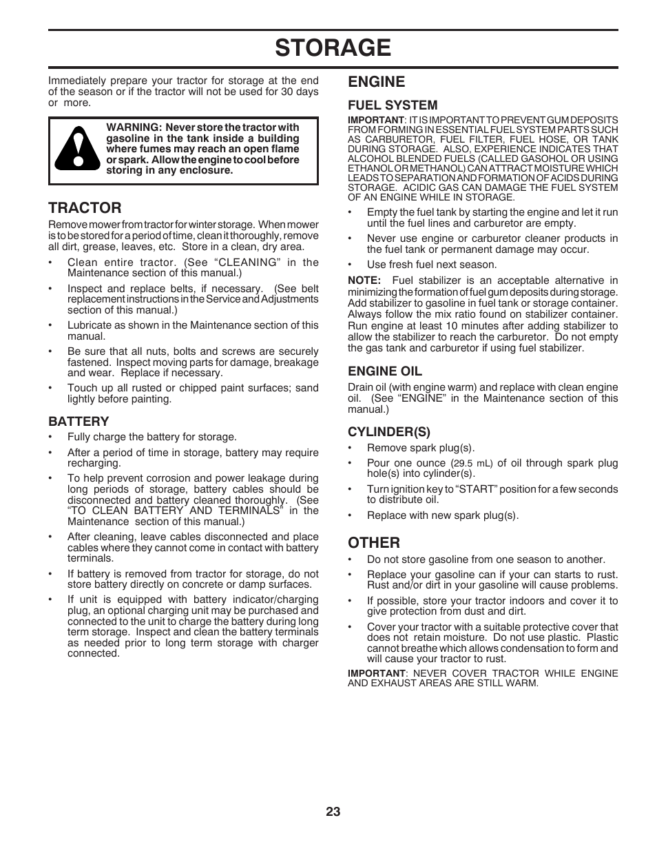 Storage, Engine, Other | Tractor | Poulan Pro PB145G38 LAWN TRACTOR User Manual | Page 23 / 56