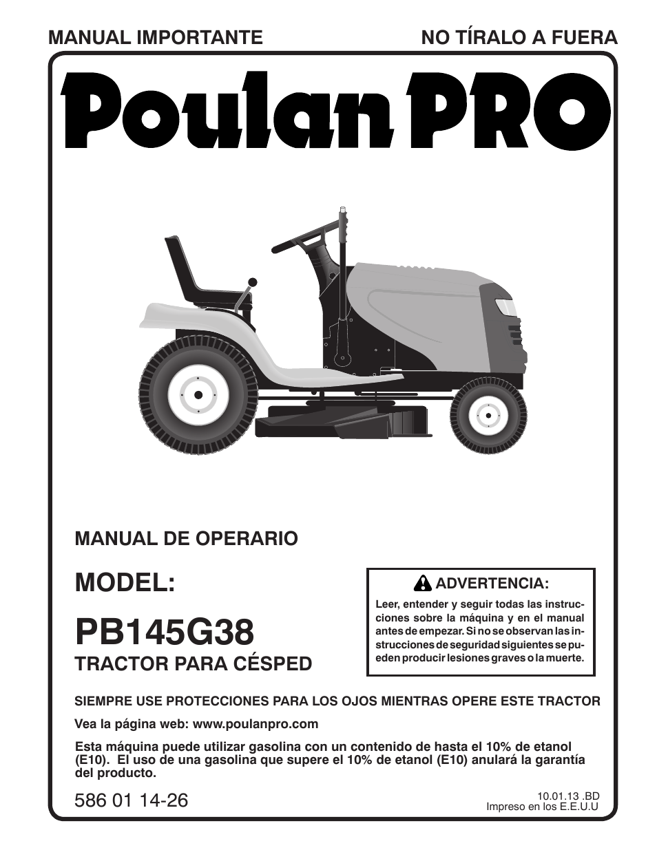 Model, Tractor para césped | Poulan Pro PB145G38 LAWN TRACTOR User Manual | Page 29 / 56