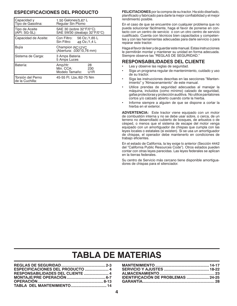 Tabla de materias, Responsabilidades del cliente, Especificaciones del producto | Poulan Pro PB145G38 LAWN TRACTOR User Manual | Page 32 / 56