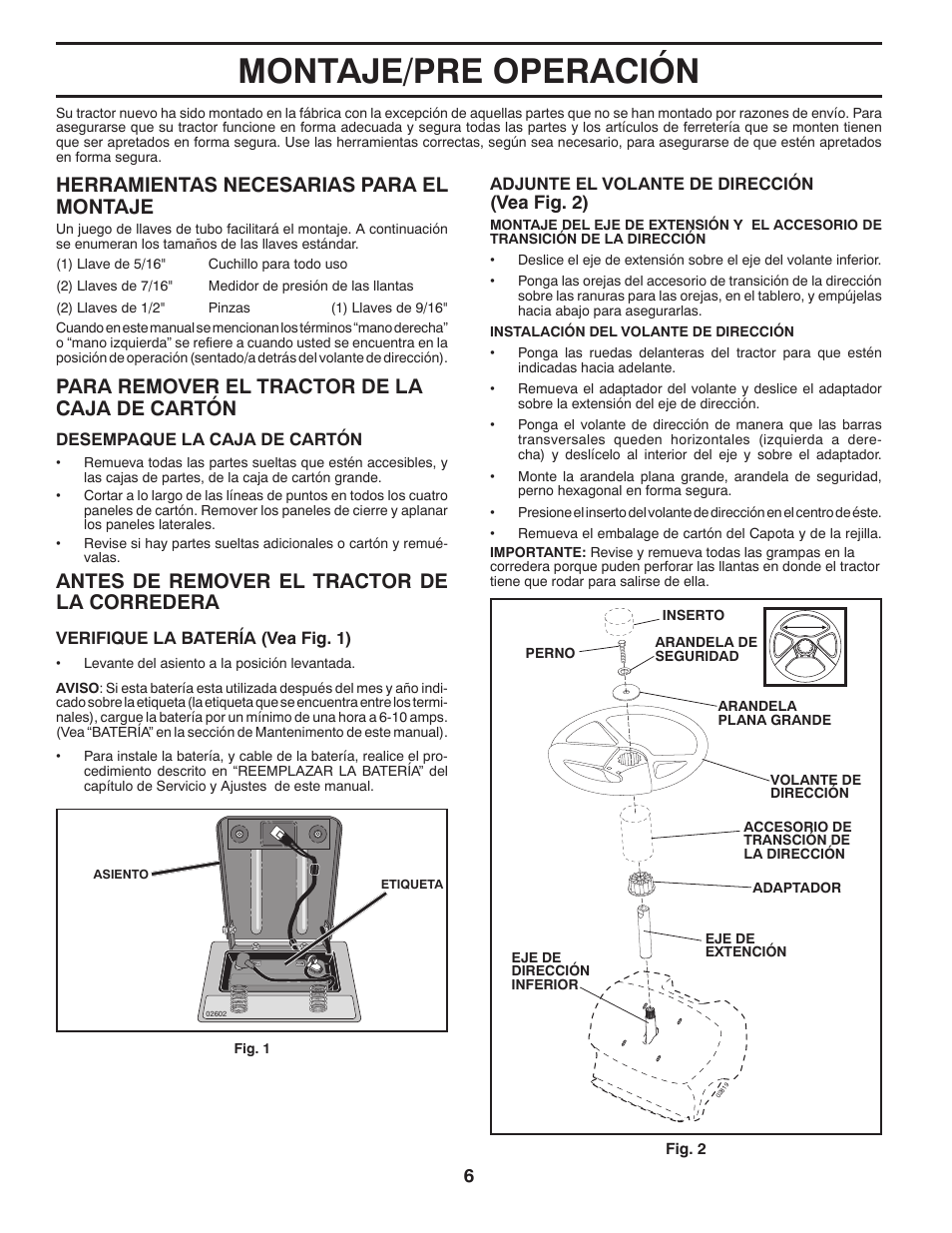 Montaje/pre operación, Herramientas necesarias para el montaje, Para remover el tractor de la caja de cartón | Antes de remover el tractor de la corredera | Poulan Pro PB145G38 LAWN TRACTOR User Manual | Page 34 / 56