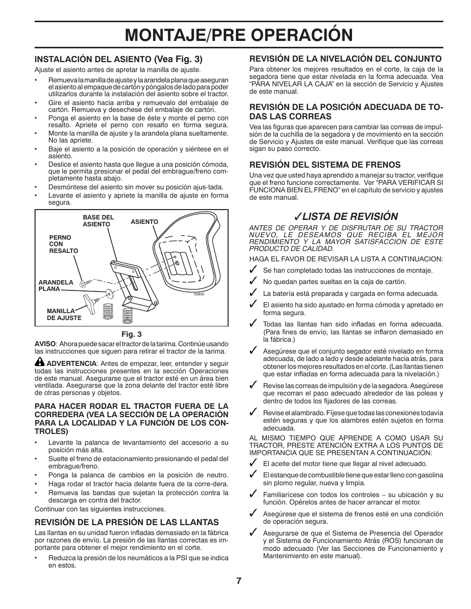 Montaje/pre operación, Lista de revisión | Poulan Pro PB145G38 LAWN TRACTOR User Manual | Page 35 / 56