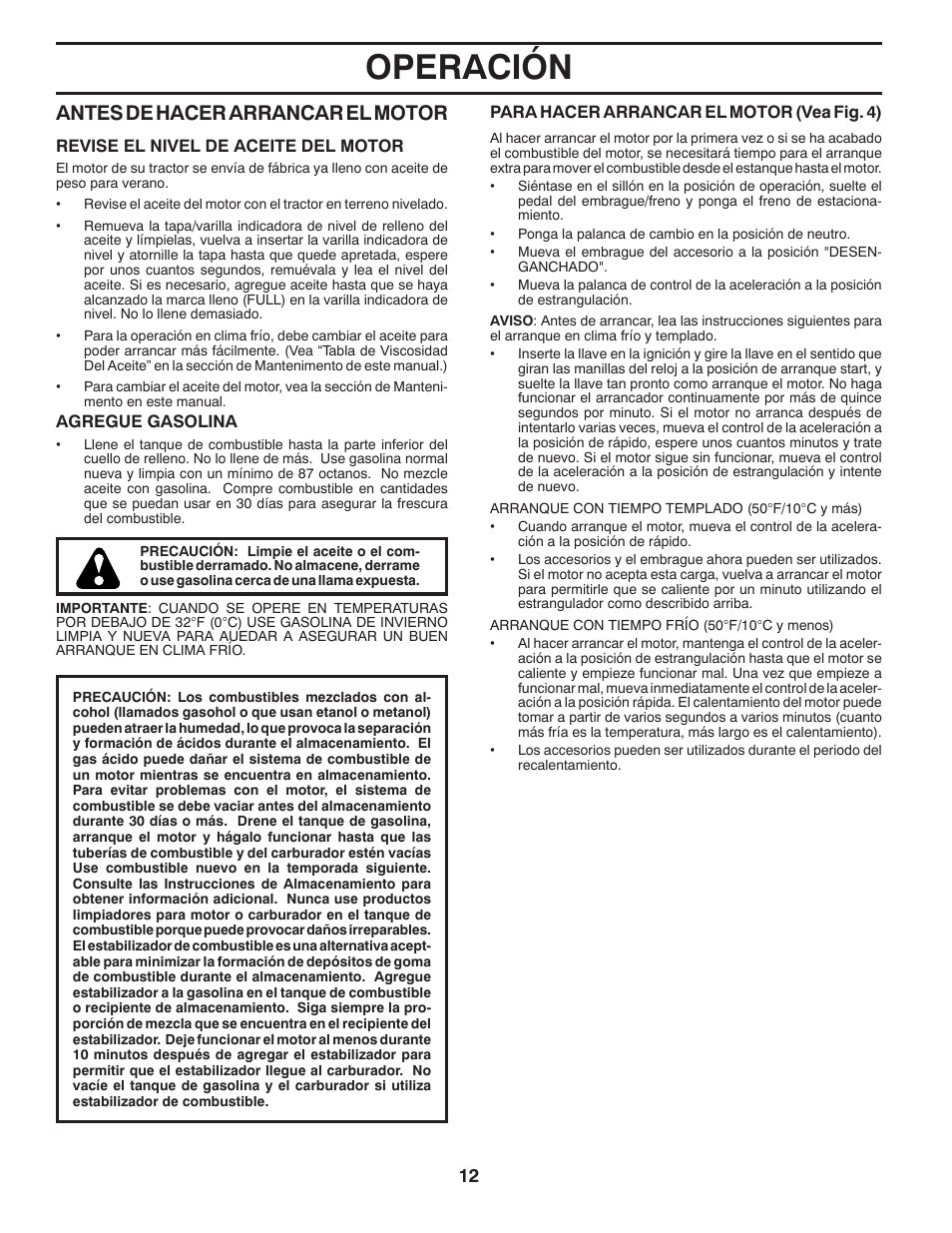 Operación, Antes de hacer arrancar el mo tor | Poulan Pro PB145G38 LAWN TRACTOR User Manual | Page 40 / 56