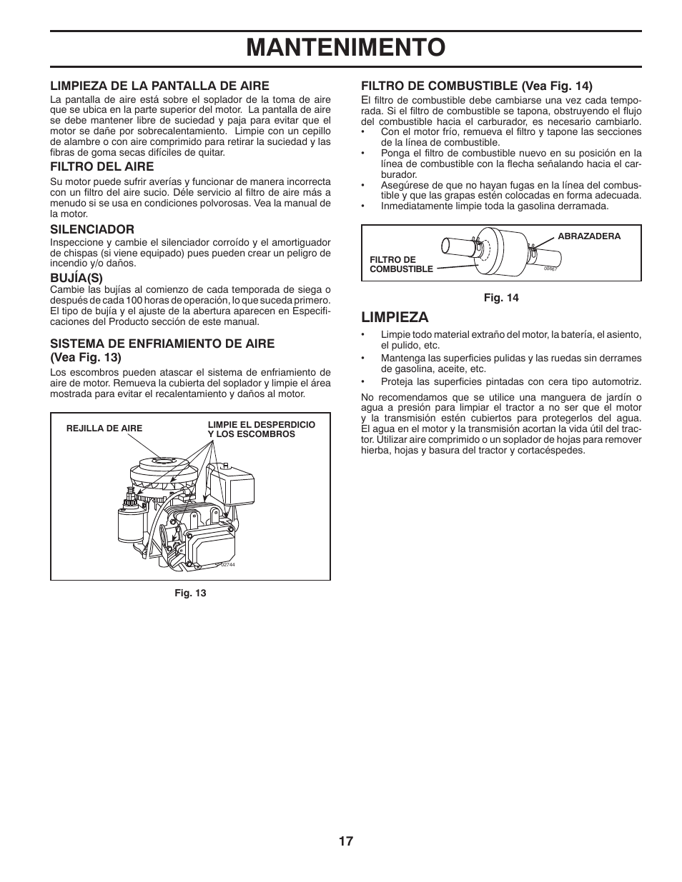 Mantenimento, Limpieza | Poulan Pro PB145G38 LAWN TRACTOR User Manual | Page 45 / 56
