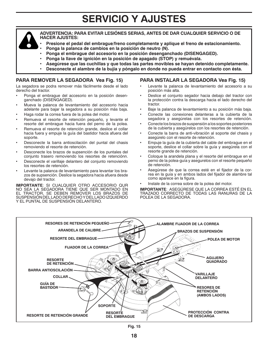 Servicio y ajustes | Poulan Pro PB145G38 LAWN TRACTOR User Manual | Page 46 / 56