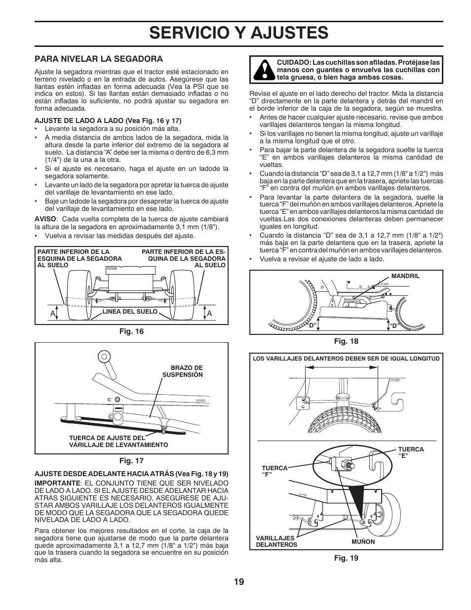 Servicio y ajustes, Para nivelar la segadora | Poulan Pro PB145G38 LAWN TRACTOR User Manual | Page 47 / 56