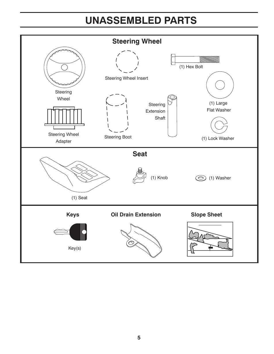 Unassembled parts, Steering wheel, Seat | Poulan Pro PB145G38 LAWN TRACTOR User Manual | Page 5 / 56