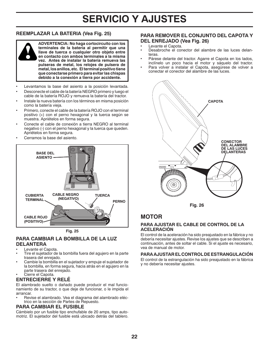 Servicio y ajustes, Motor | Poulan Pro PB145G38 LAWN TRACTOR User Manual | Page 50 / 56