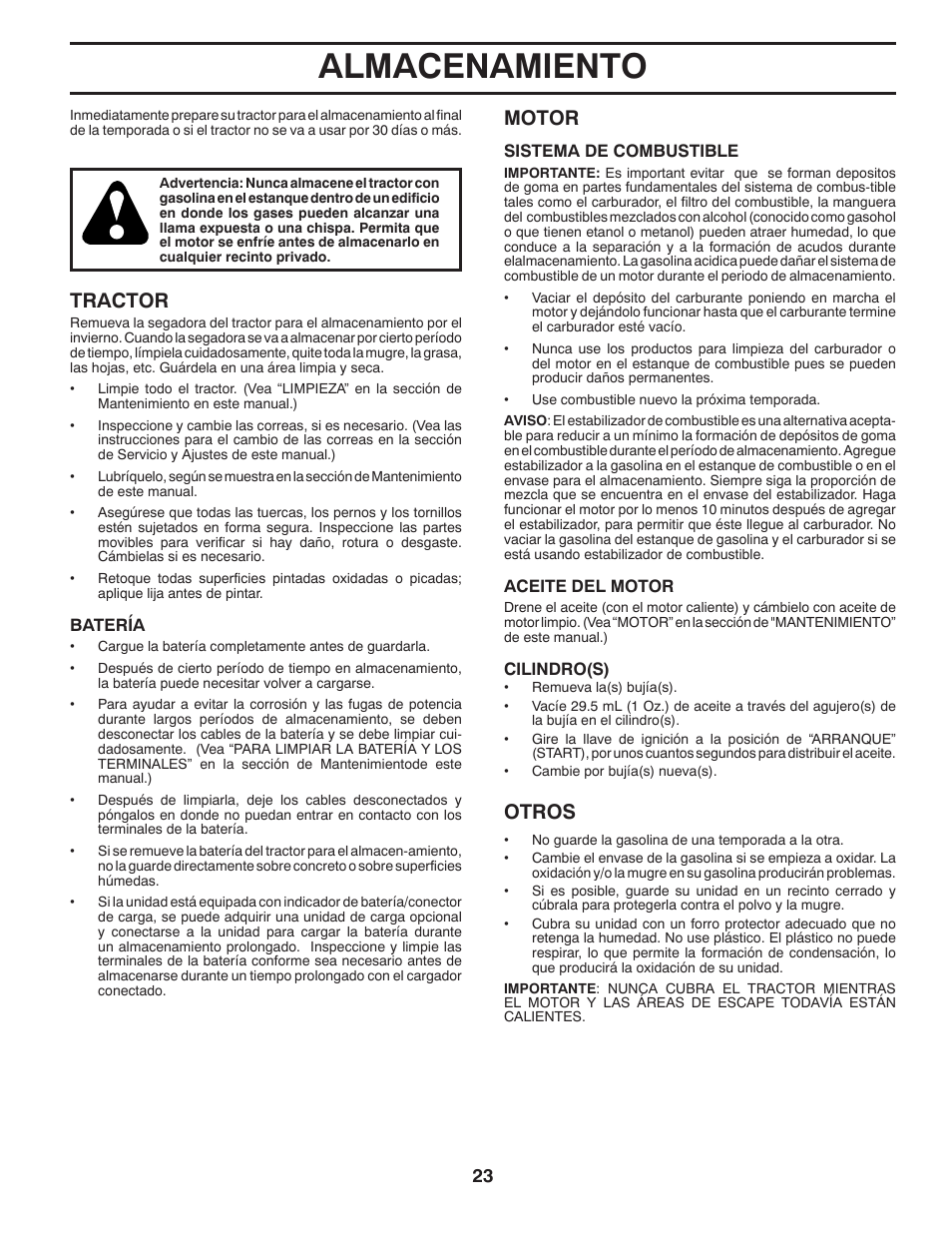Almacenamiento, Tractor, Motor | Otros | Poulan Pro PB145G38 LAWN TRACTOR User Manual | Page 51 / 56
