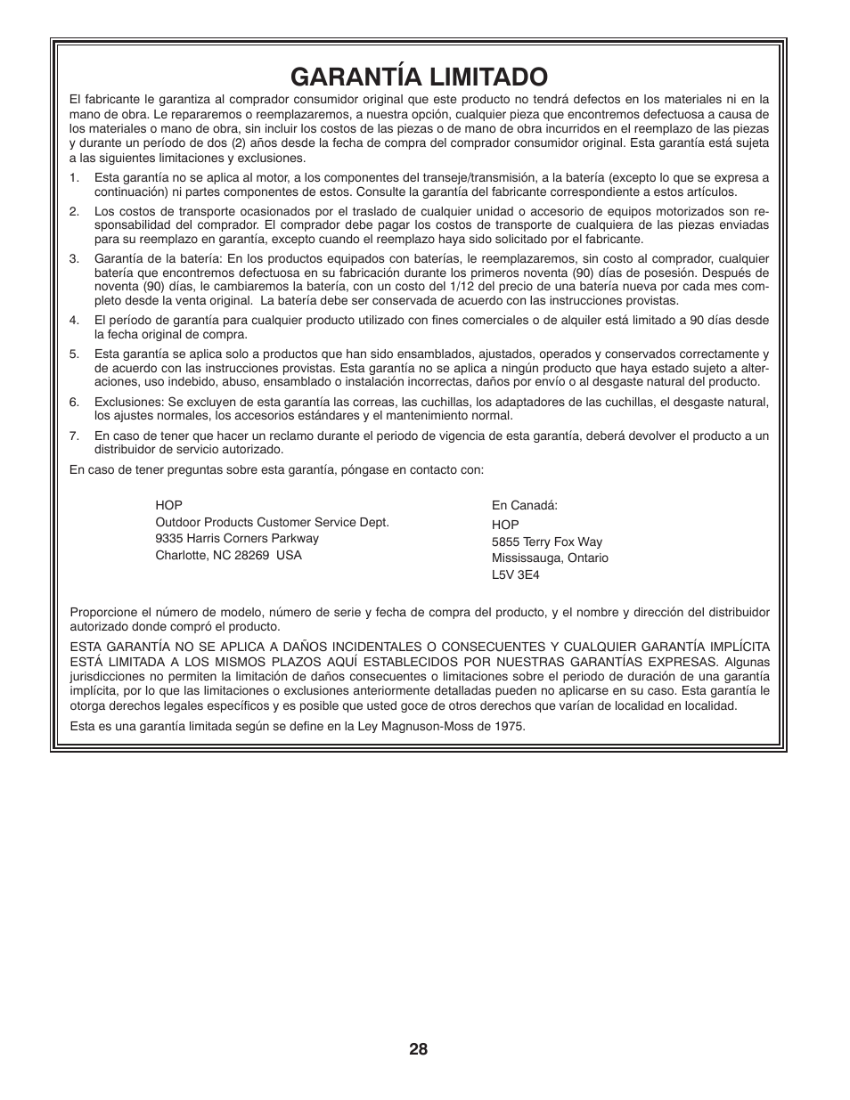 Garantía limitado | Poulan Pro PB145G38 LAWN TRACTOR User Manual | Page 56 / 56