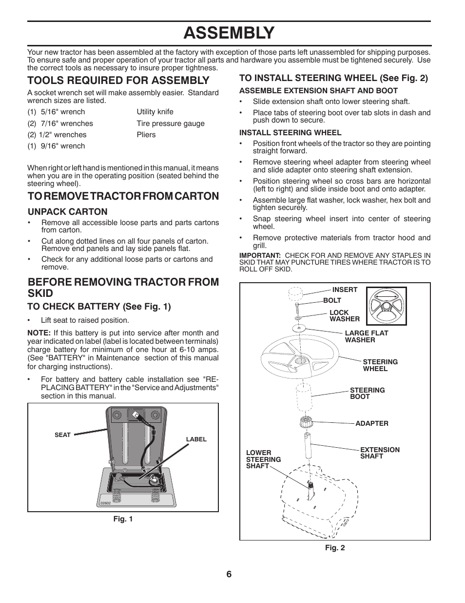 Assembly, Tools required for assembly, Before removing tractor from skid | Poulan Pro PB145G38 LAWN TRACTOR User Manual | Page 6 / 56