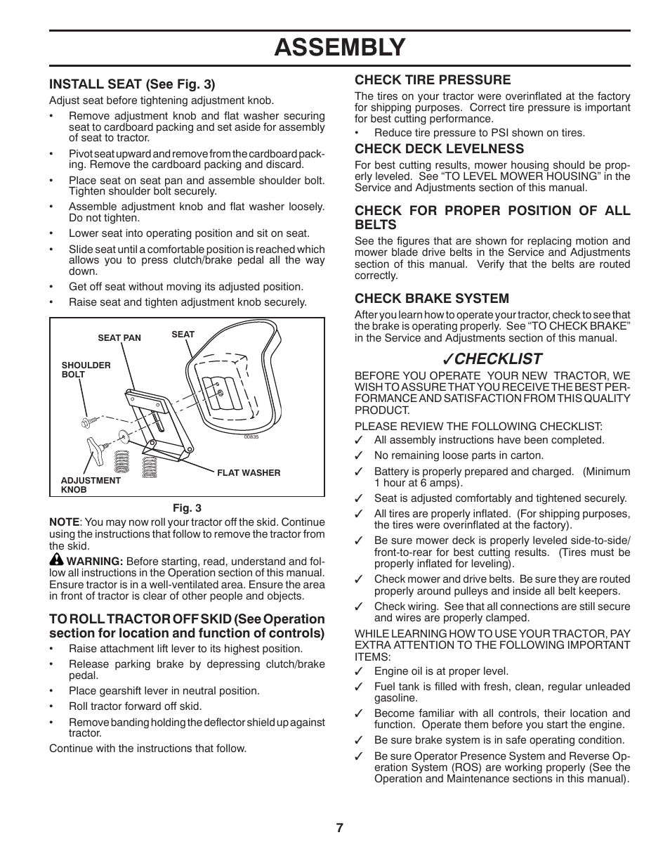 Assembly, Checklist | Poulan Pro PB145G38 LAWN TRACTOR User Manual | Page 7 / 56