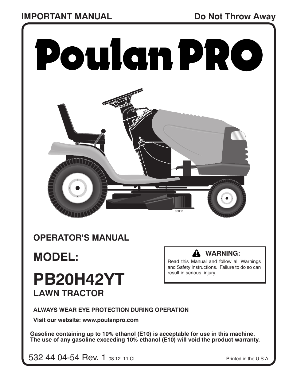 Poulan Pro PB20H42YT LAWN TRACTOR User Manual | 56 pages
