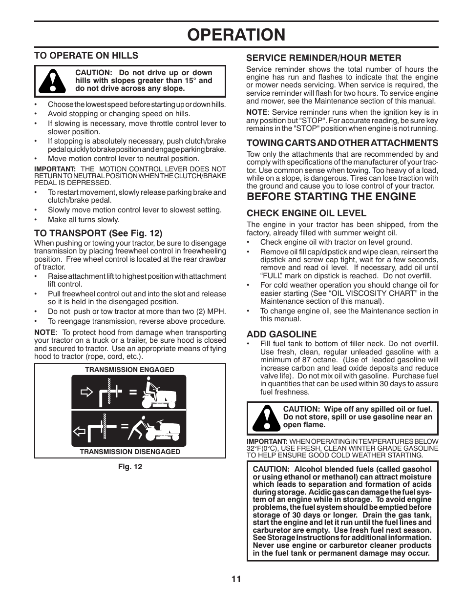 Operation, Before starting the engine | Poulan Pro PB20H42YT LAWN TRACTOR User Manual | Page 11 / 56