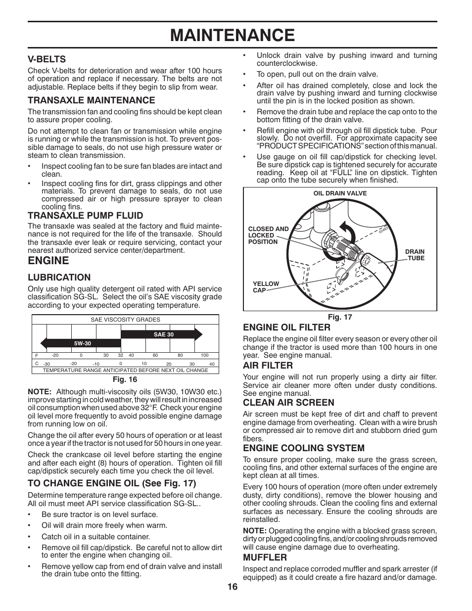 Maintenance, Engine, 16 air filter | Muffler, Clean air screen, Lubrication, V-belts, Transaxle maintenance, Transaxle pump fluid, Engine oil filter | Poulan Pro PB20H42YT LAWN TRACTOR User Manual | Page 16 / 56